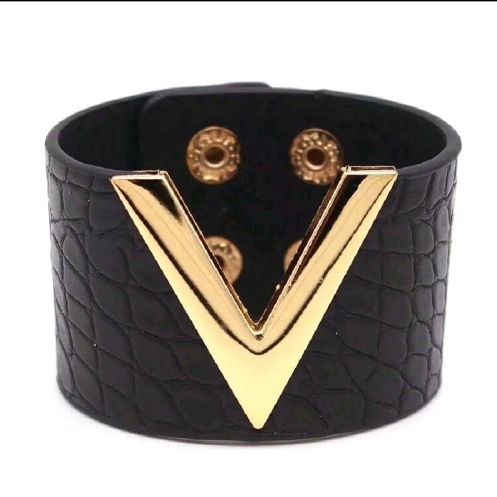 Luxury Black faux Leather Bracelet with Gold V-Shape Accent Stylish For Woman